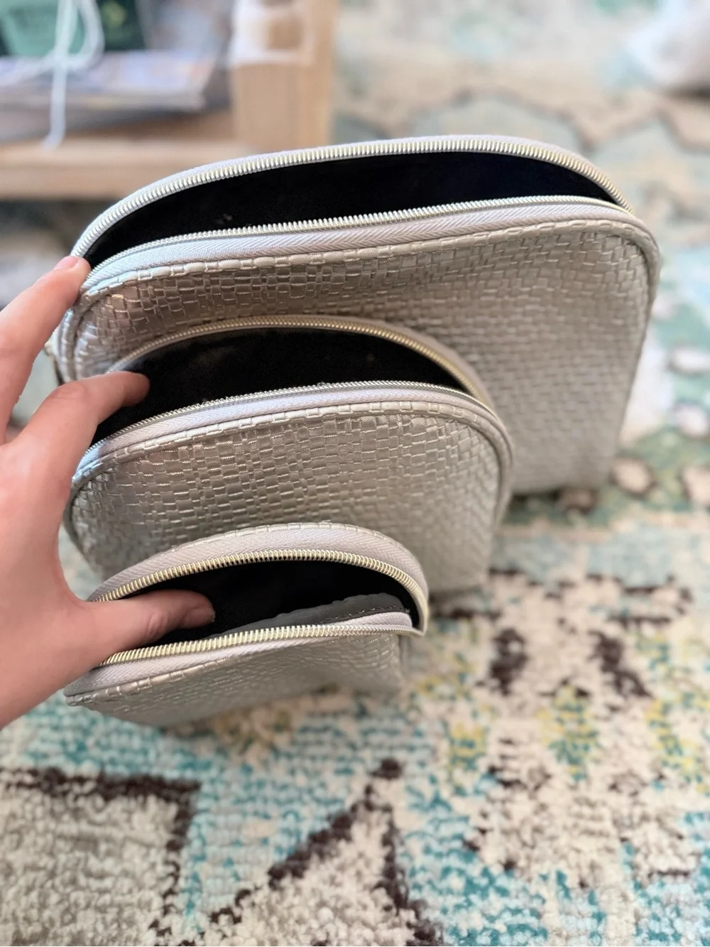 Silver Textured Cosmetic Pouch Set - 3 Piece